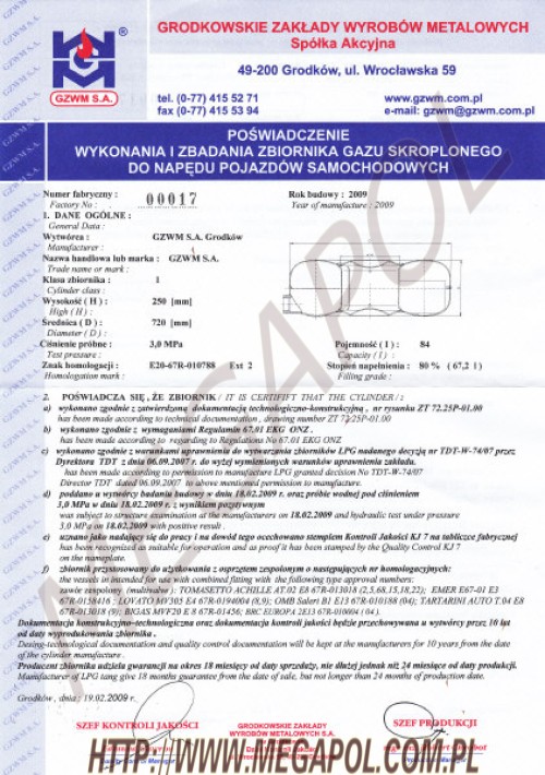 ZBIORNIKI TOROIDALNE - Toroidalne o średnicy 720mm -  - 720/H300/103L/ZTP Grodków (E20)67R010790 Ext04 (TDT do 2031r)