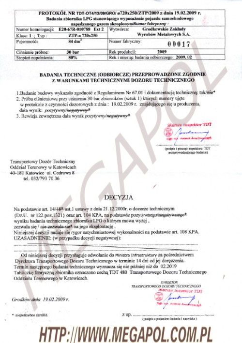 ZBIORNIKI TOROIDALNE - Toroidalne o średnicy 720mm -  - 720/H270/92L/ZTP Toroidalny Grodków (TDT do 2031r)